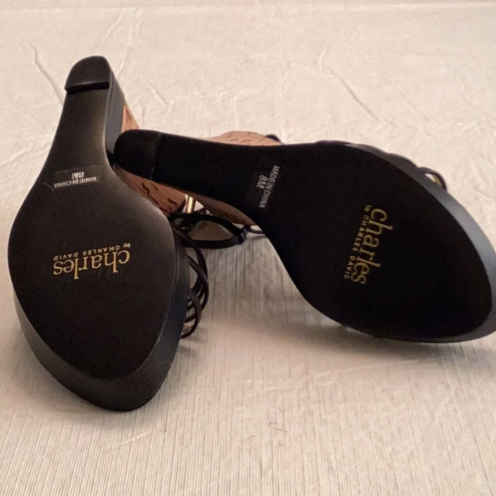 CHARLES by Charles David Cork and Black Leather Wedge Sandal. Size 8 M